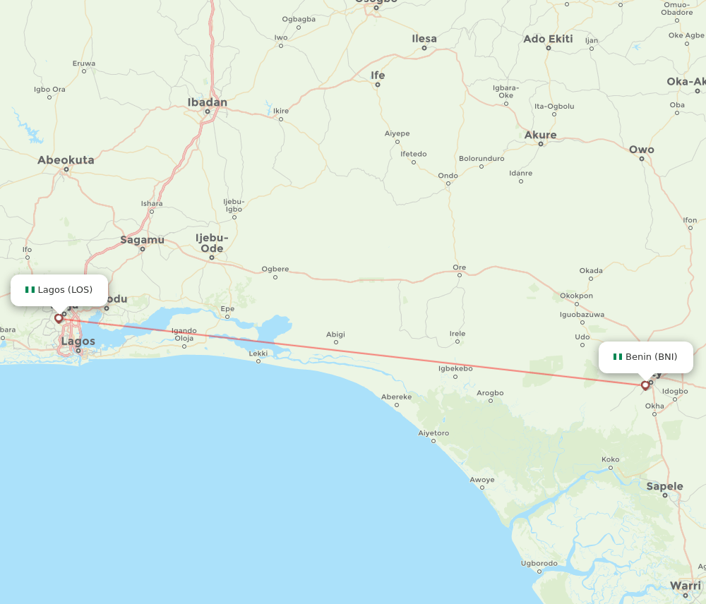 Lagos - Benin City route map and flight paths