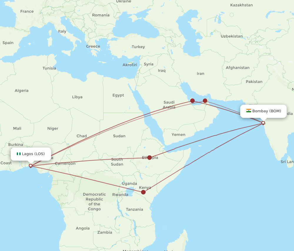 LOS to BOM flights and routes map