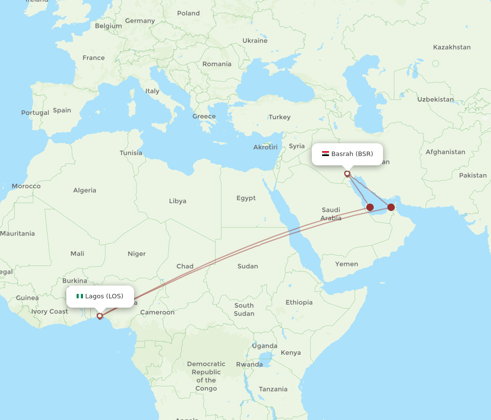 LOS to BSR flights and routes map