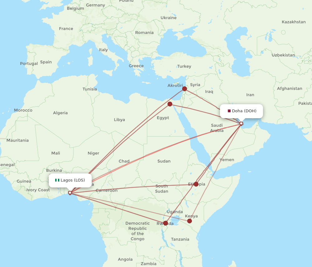LOS-DOH flight routes