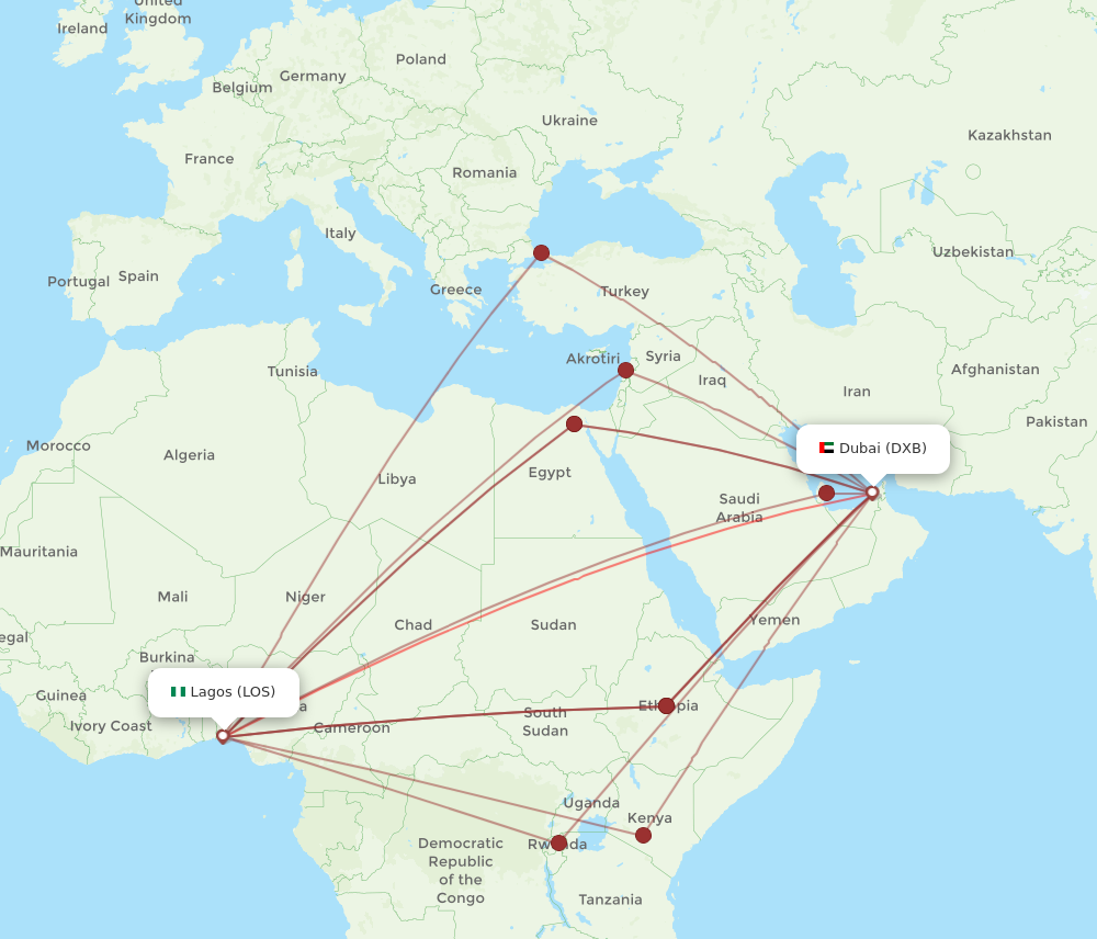 LOS to DXB flights and routes map