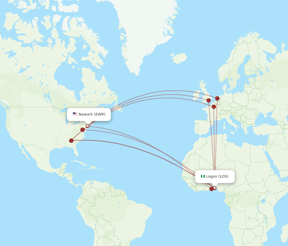 LOS to EWR flights and routes map