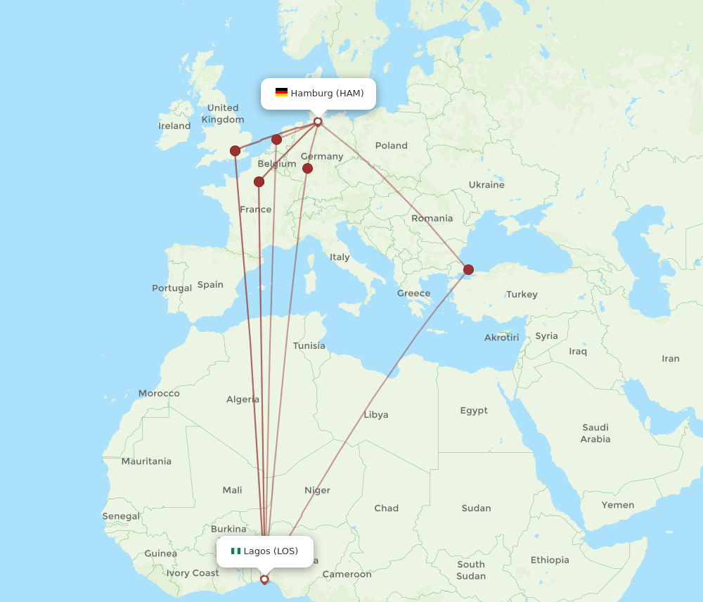 LOS-HAM flight routes