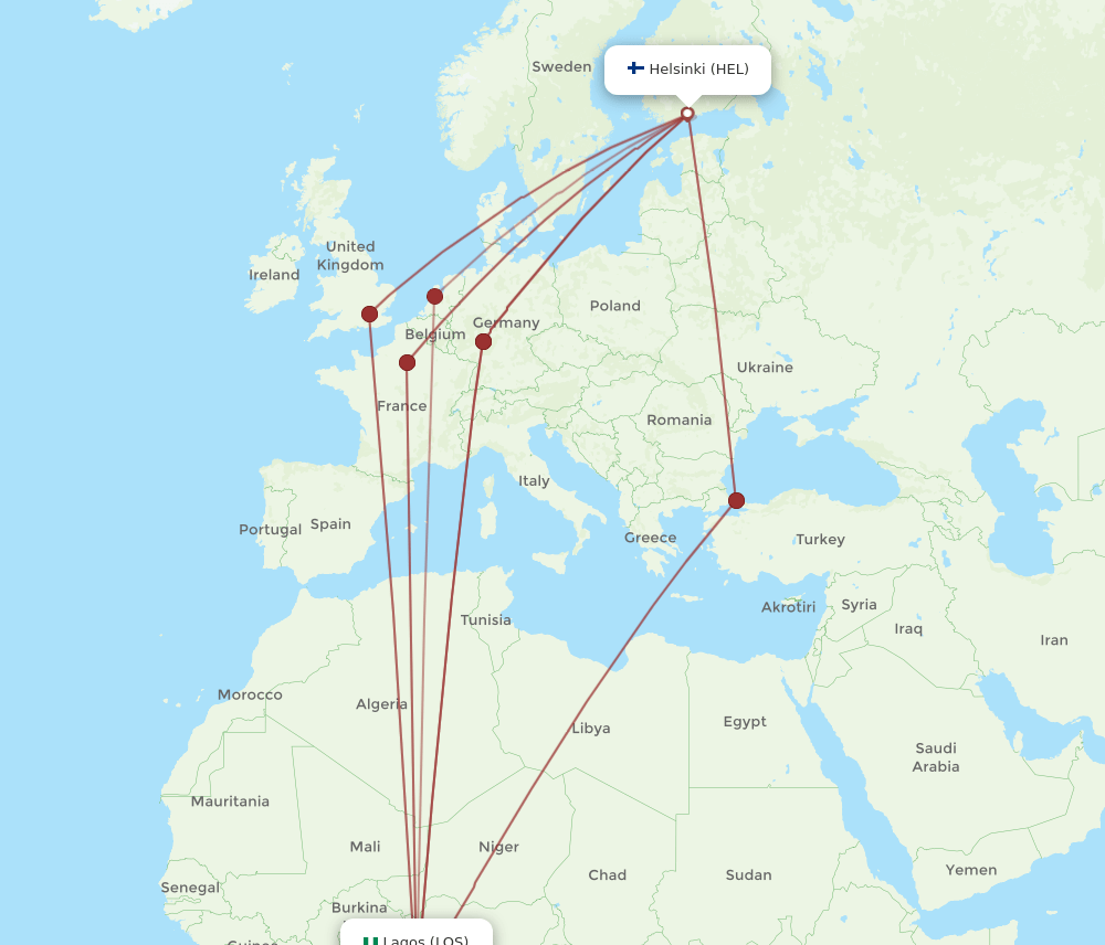 LOS to HEL flights and routes map