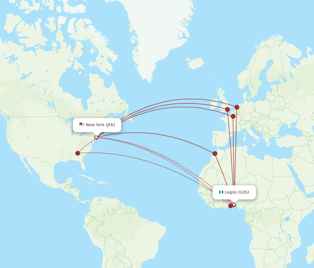 LOS to JFK flights and routes map