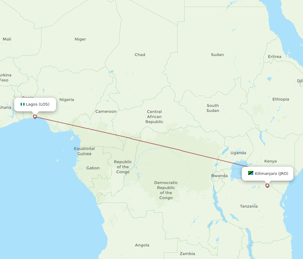 LOS to JRO flights and routes map