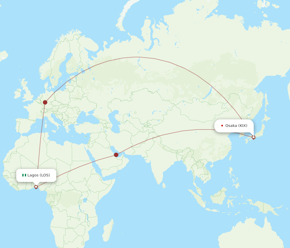 Osaka - Lagos route map and flight paths