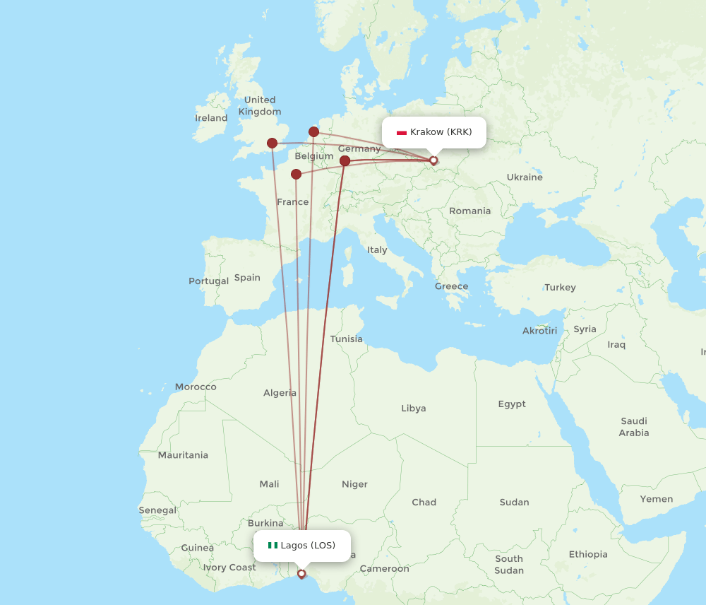LOS-KRK flight routes
