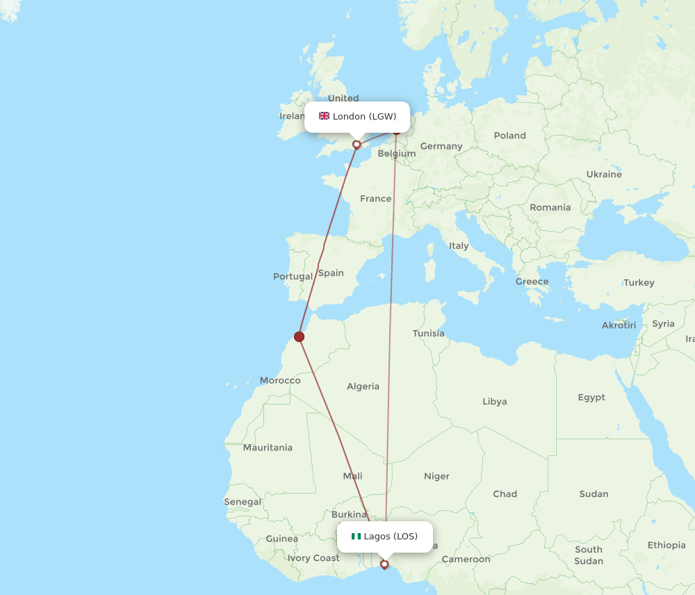 LOS to LGW flights and routes map