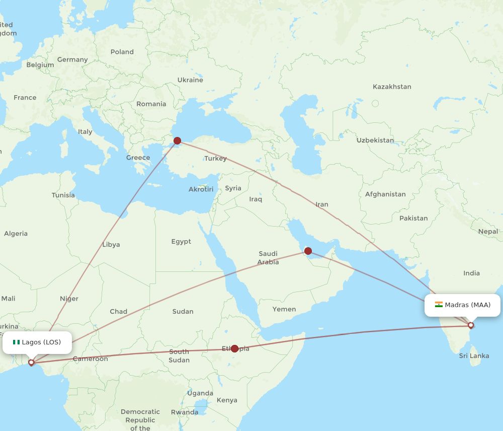 LOS to MAA flights and routes map