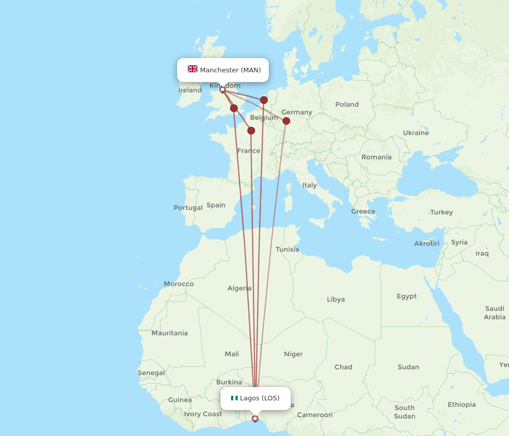LOS to MAN flights and routes map