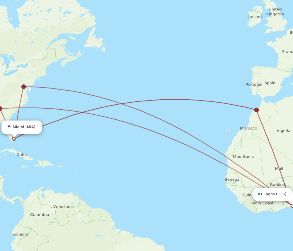 LOS to MIA flights and routes map