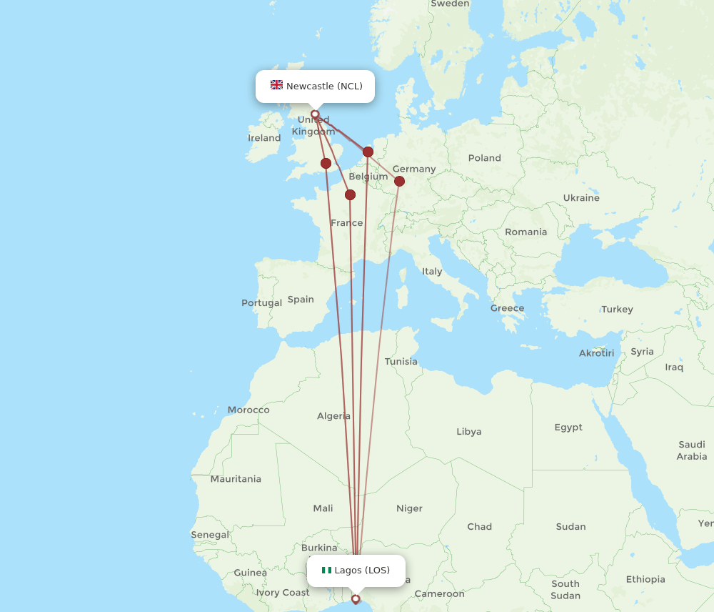 LOS-NCL flight routes