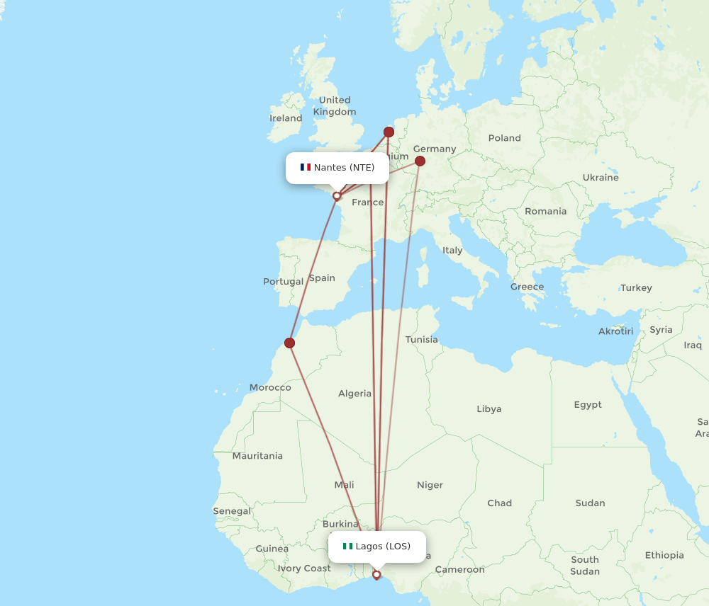 LOS-NTE flight routes