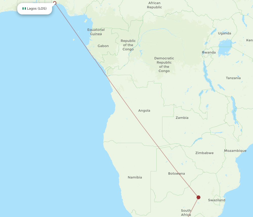 Lagos - Plettenberg Bay route map and flight paths