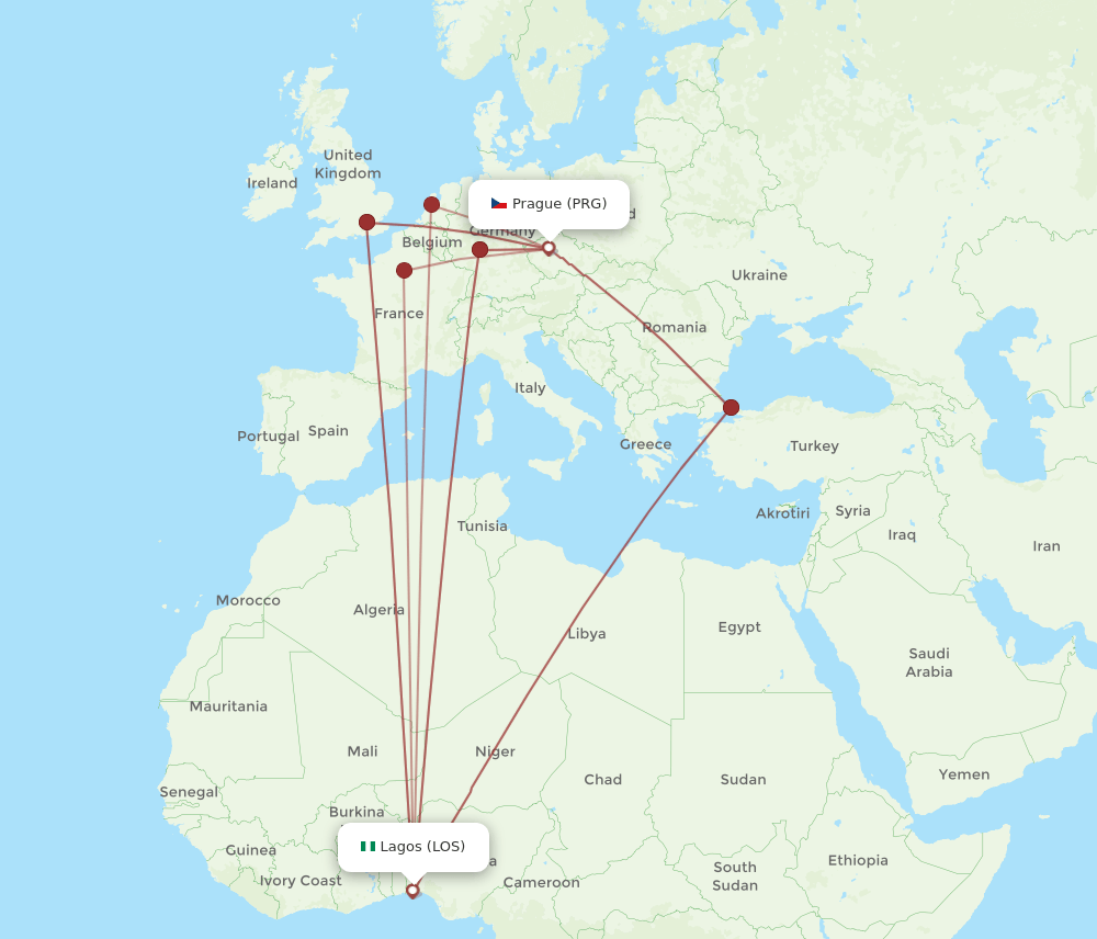 LOS-PRG flight routes