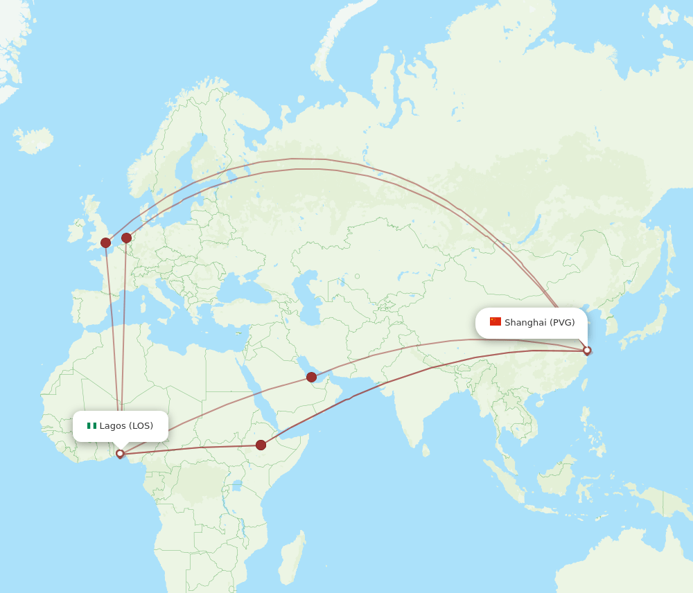 LOS to PVG flights and routes map