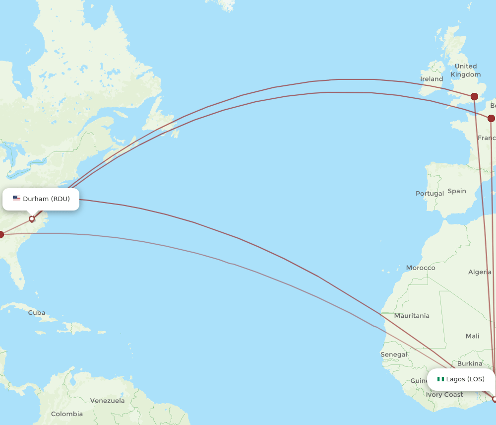 LOS-RDU flight routes
