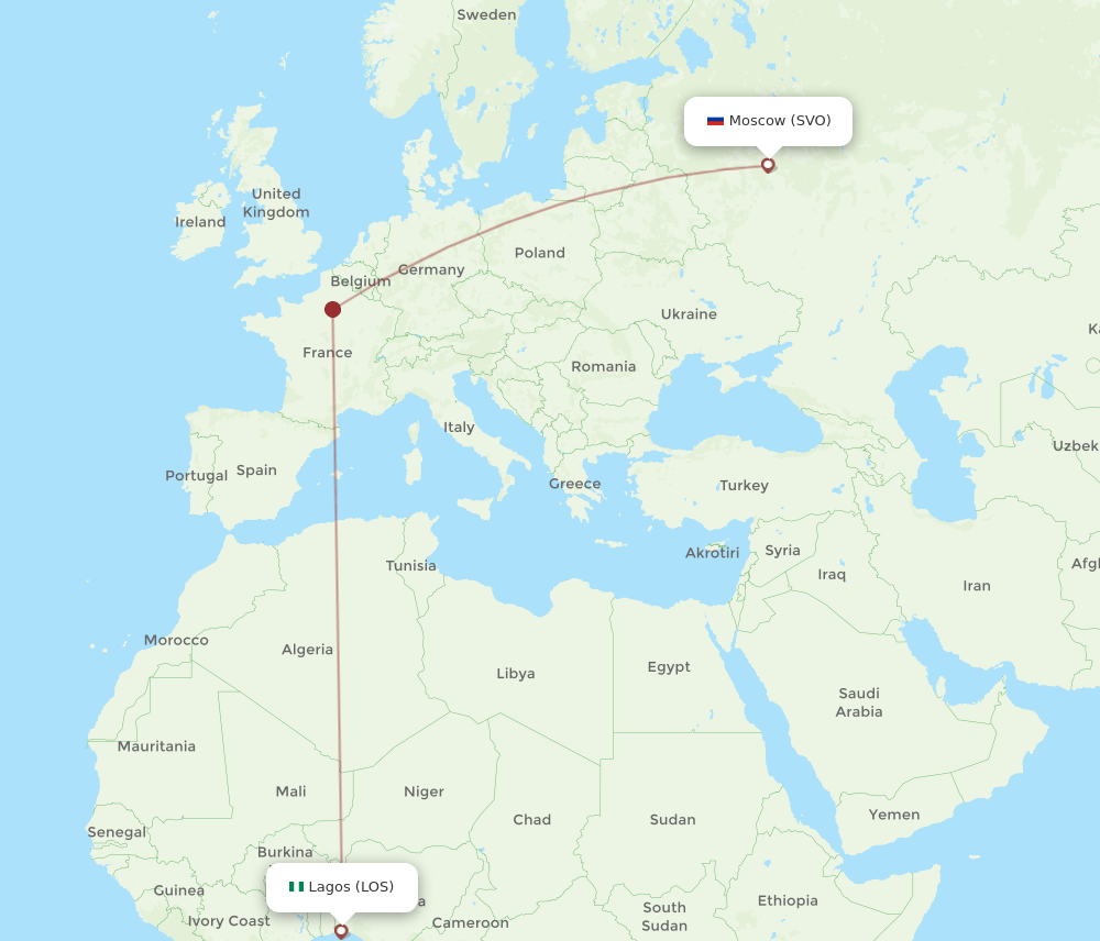 Moscow - Lagos route map and flight paths