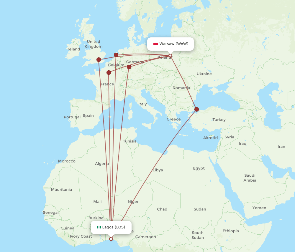 LOS-WAW flight routes