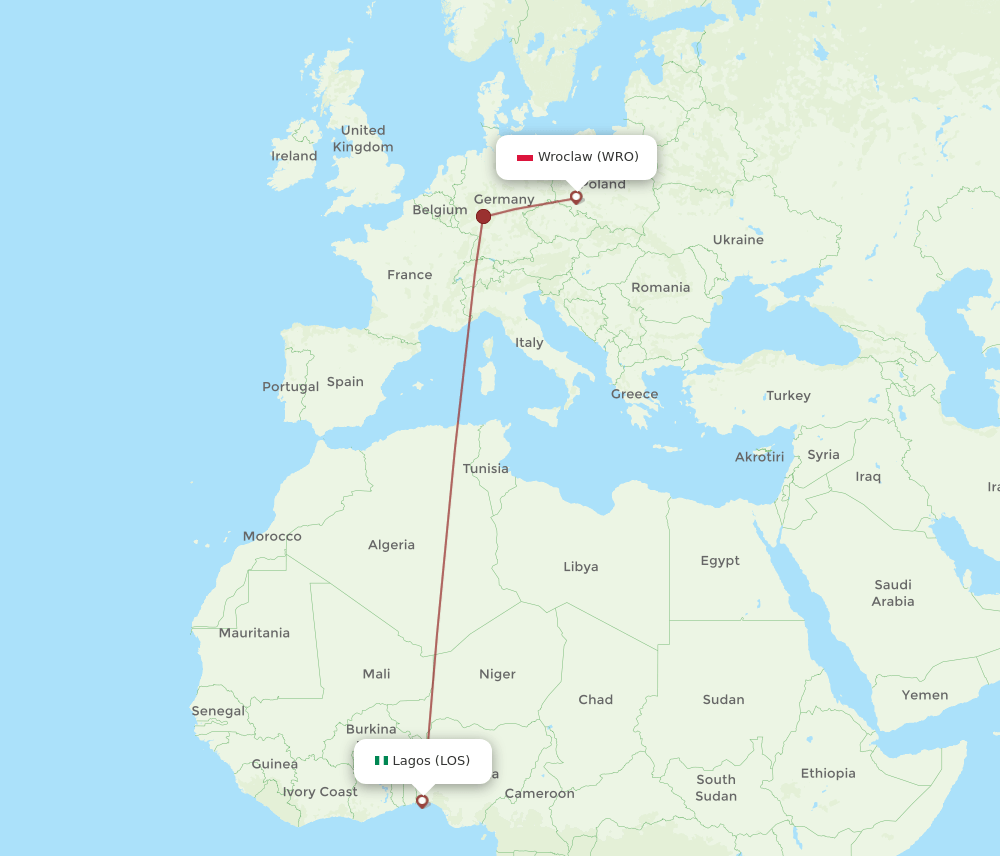 LOS to WRO flights and routes map