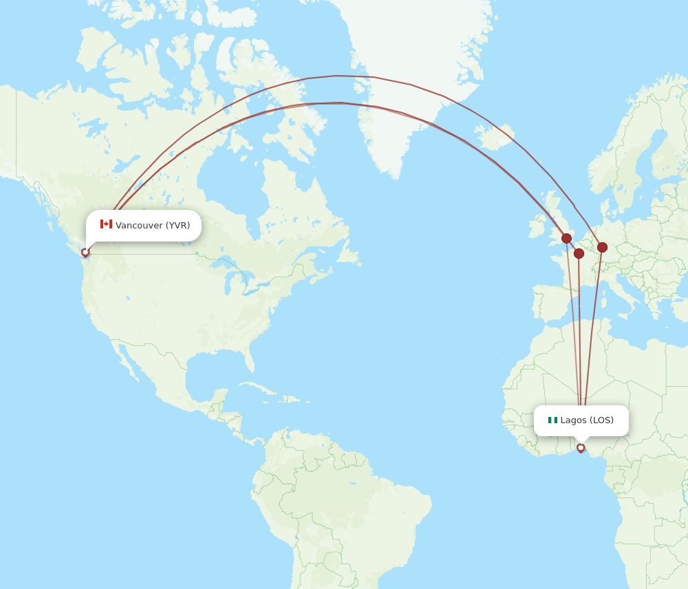 Vancouver - Lagos route map and flight paths