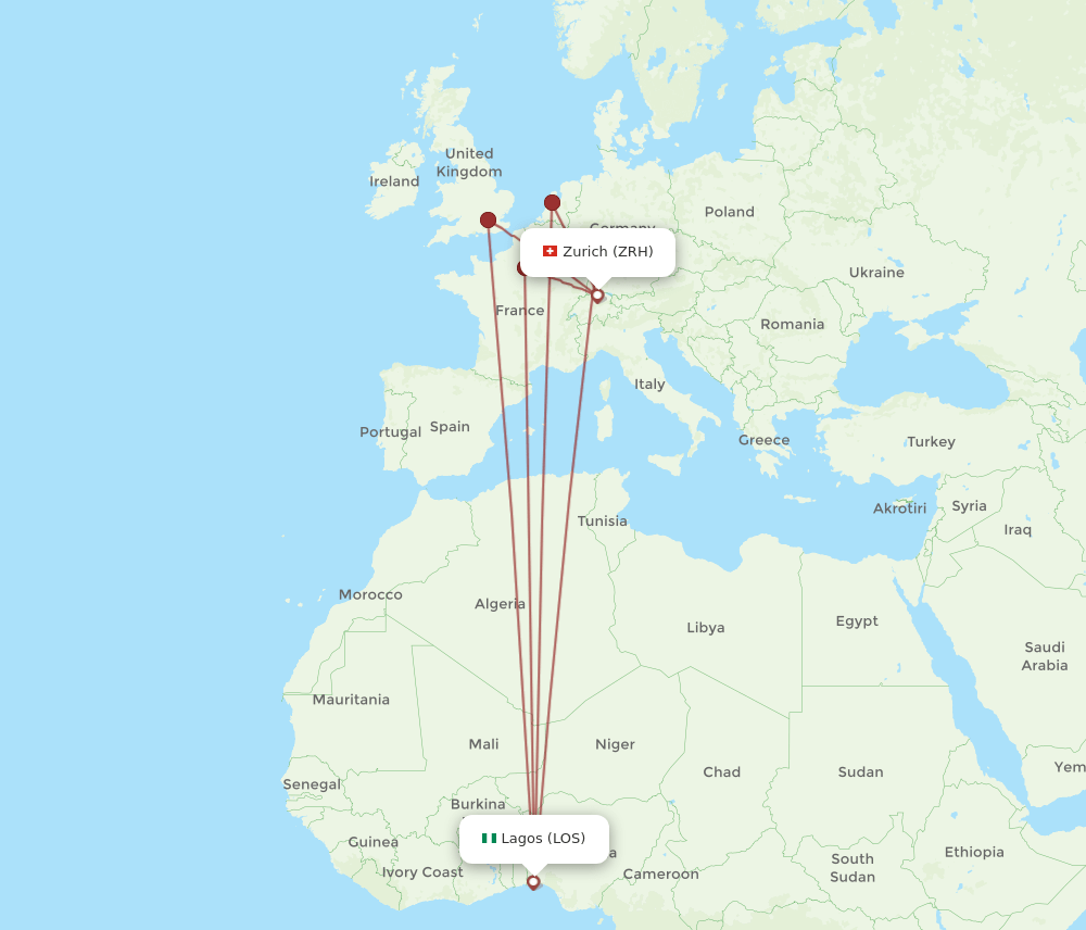 LOS-ZRH flight routes