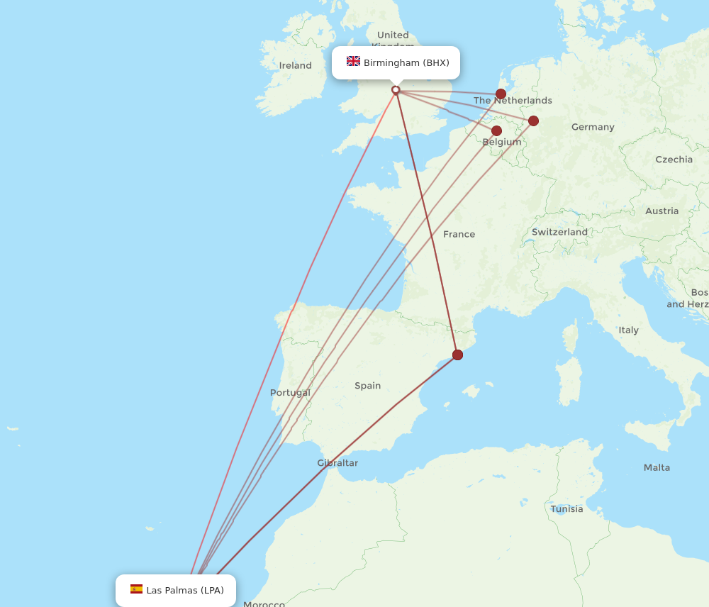 LPA to BHX flights and routes map