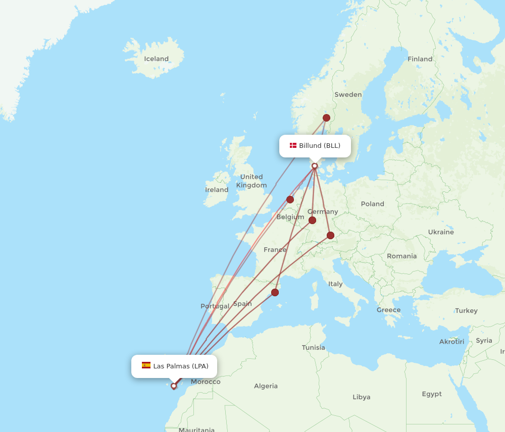 LPA to BLL flights and routes map