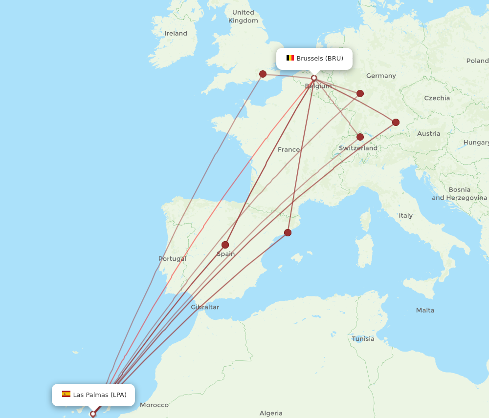 LPA to BRU flights and routes map