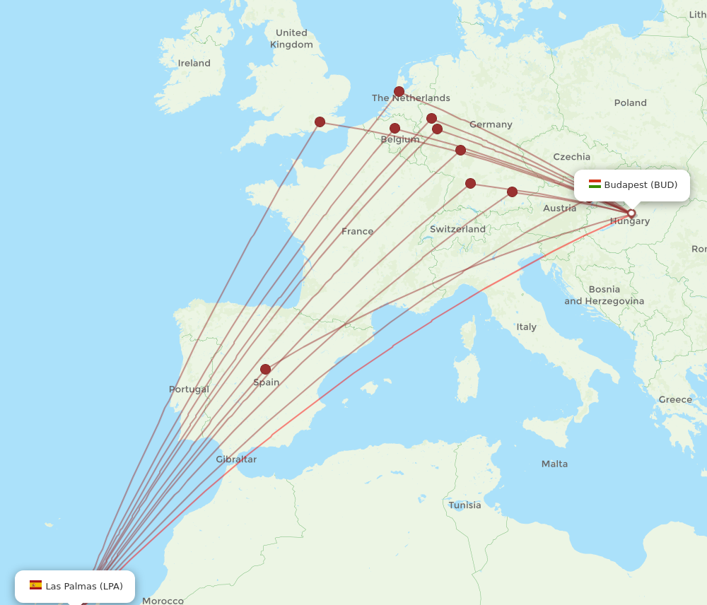 LPA to BUD flights and routes map