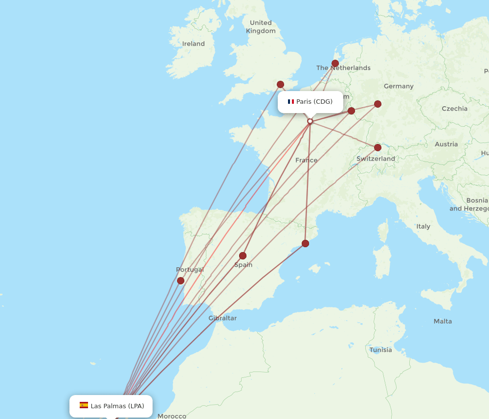 LPA to CDG flights and routes map