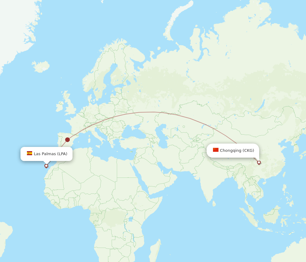 Chongqing - Las Palmas route map and flight paths