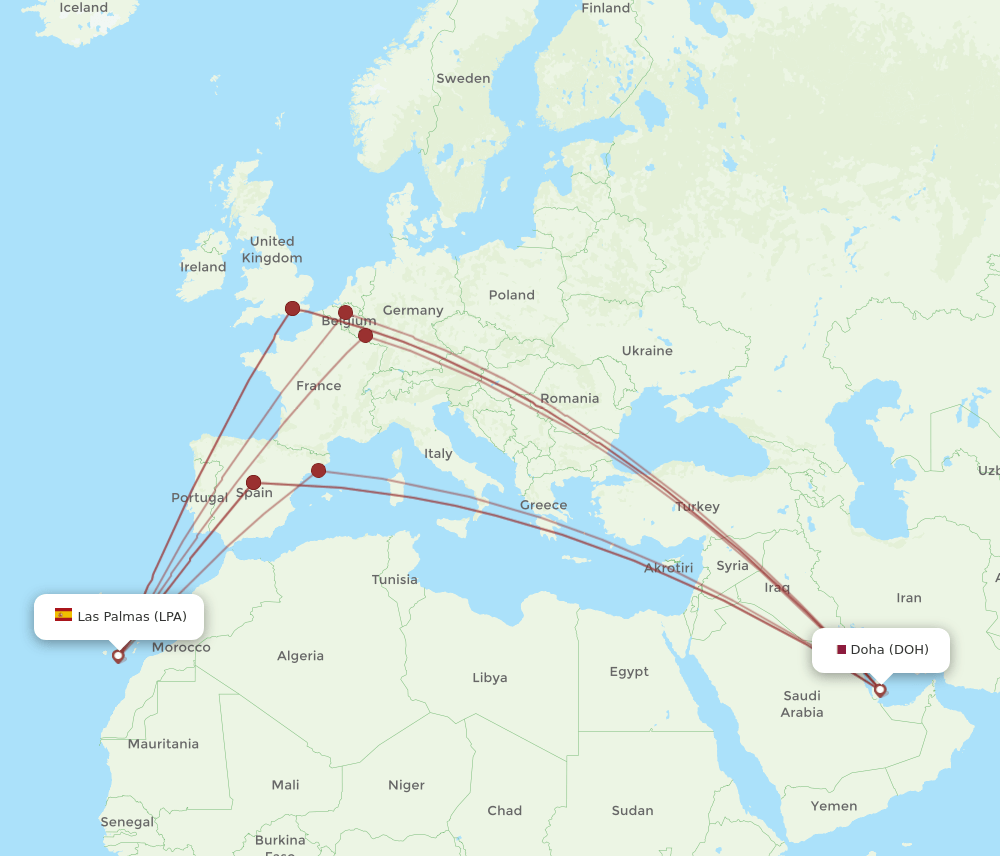 LPA to DOH flights and routes map