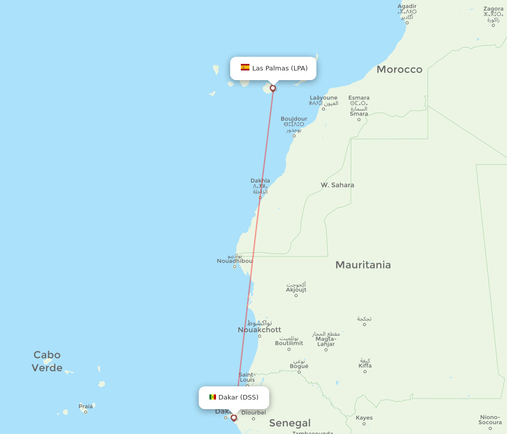 Las Palmas - Dakar route map and flight paths