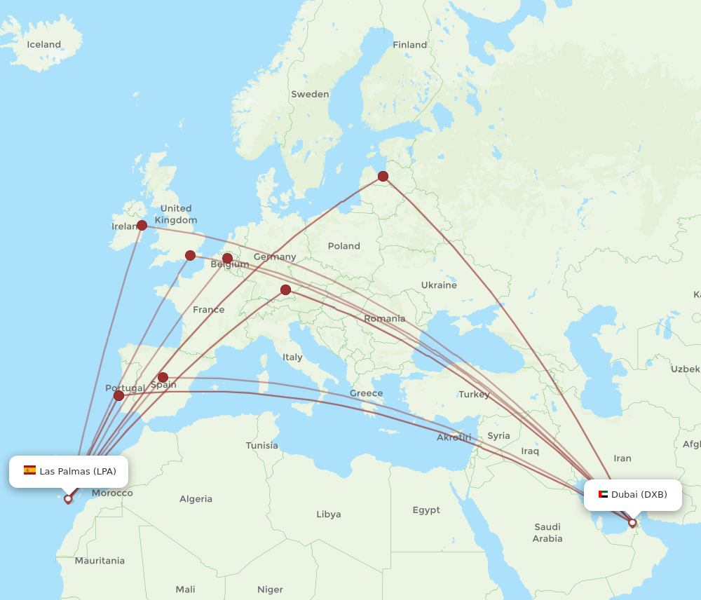 LPA to DXB flights and routes map