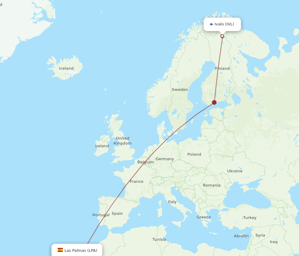 Las Palmas - Ivalo route map and flight paths