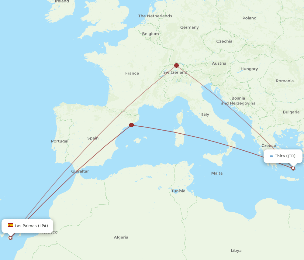 LPA to JTR flights and routes map