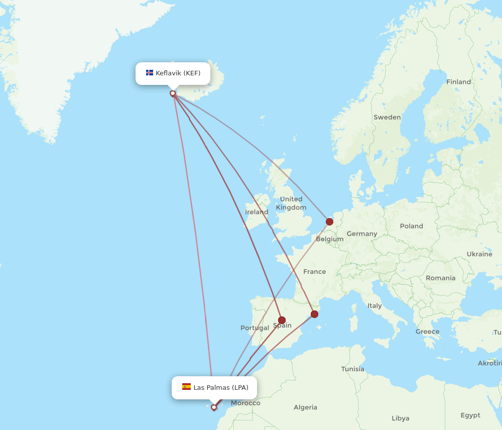 LPA to KEF flights and routes map