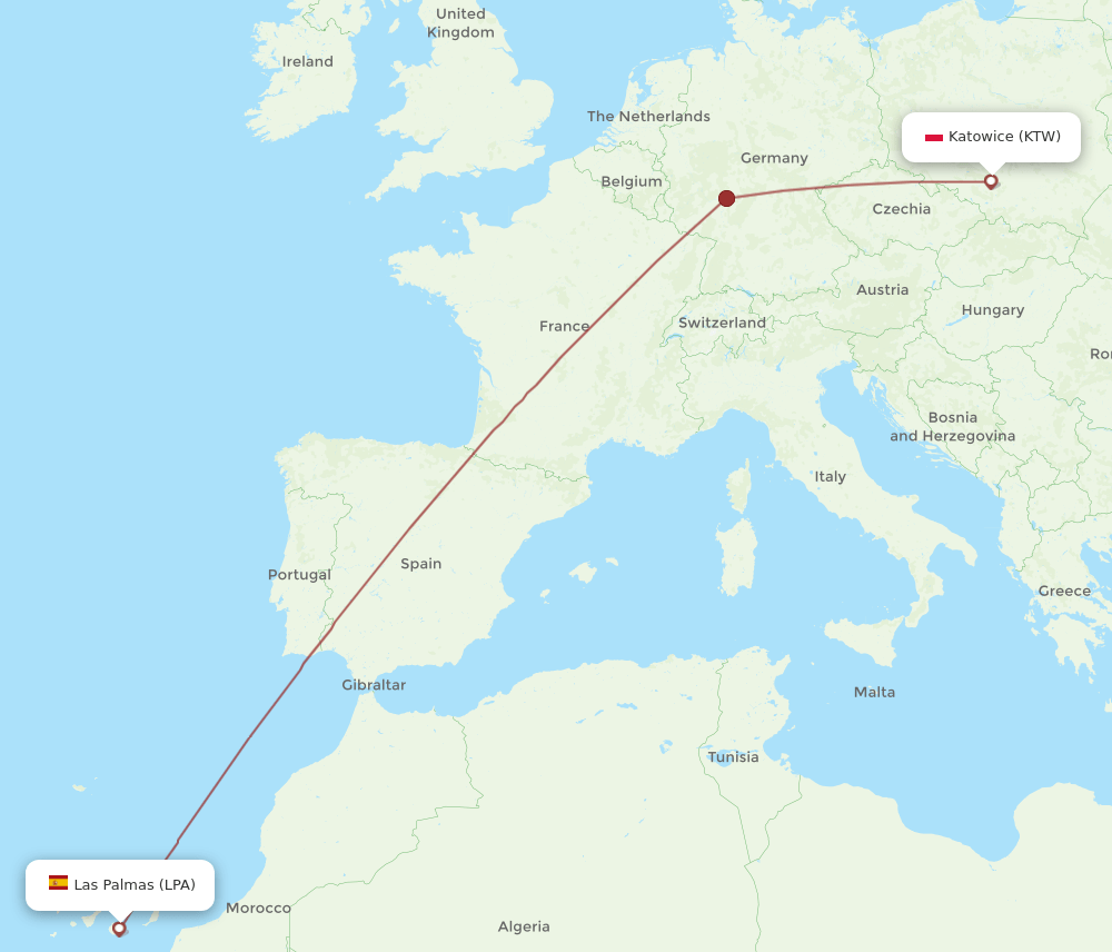 Las Palmas - Katowice route map and flight paths