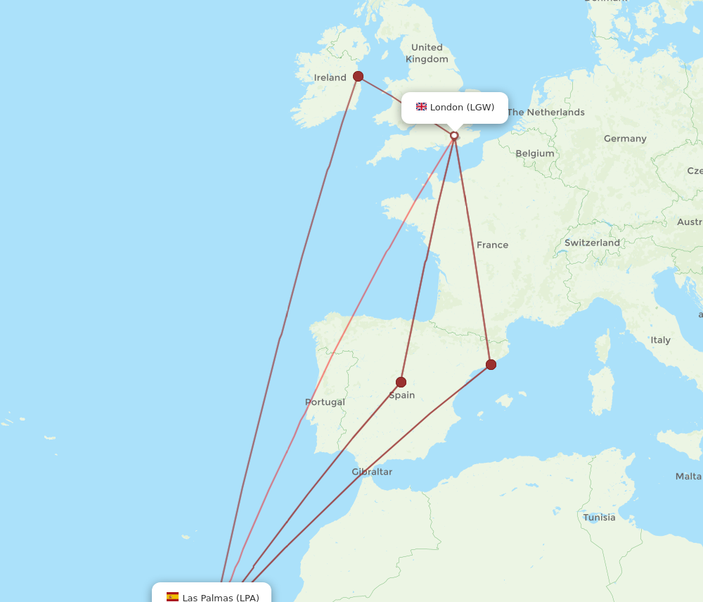 LPA to LGW flights and routes map