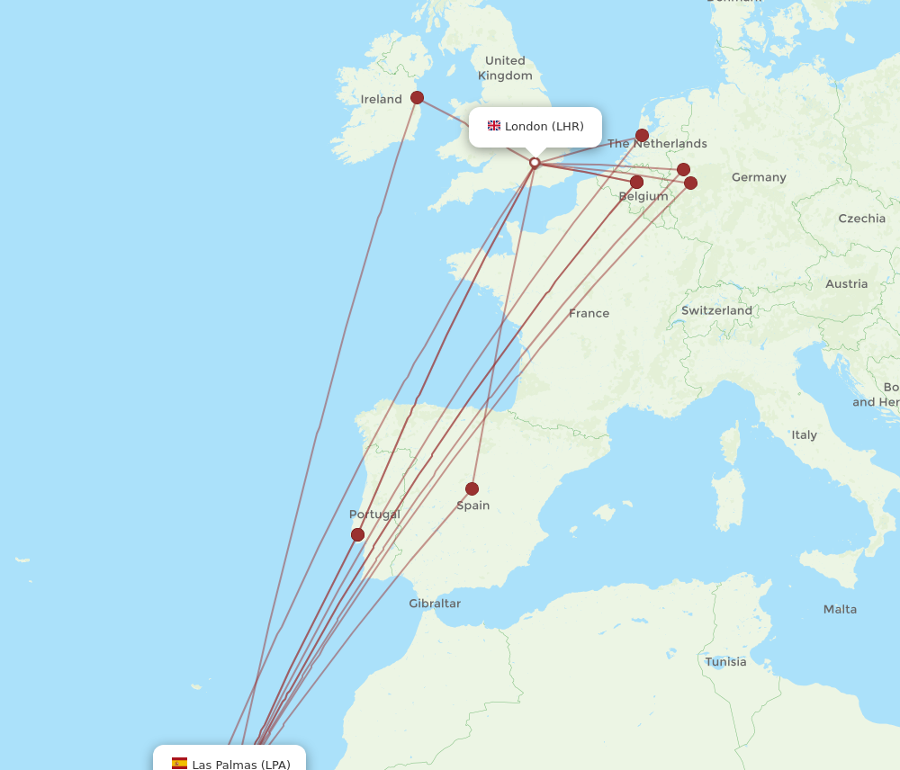 LPA to LHR flights and routes map