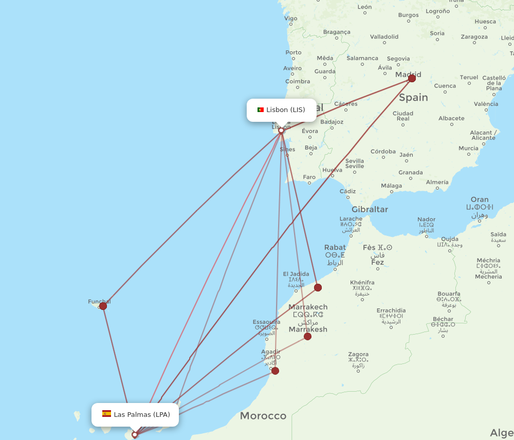 LPA to LIS flights and routes map