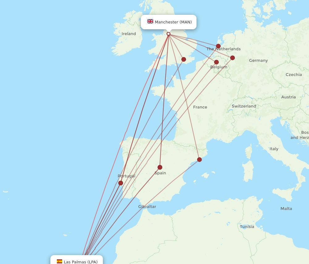 LPA to MAN flights and routes map