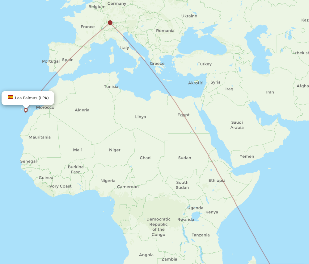 Mauritius - Las Palmas route map and flight paths