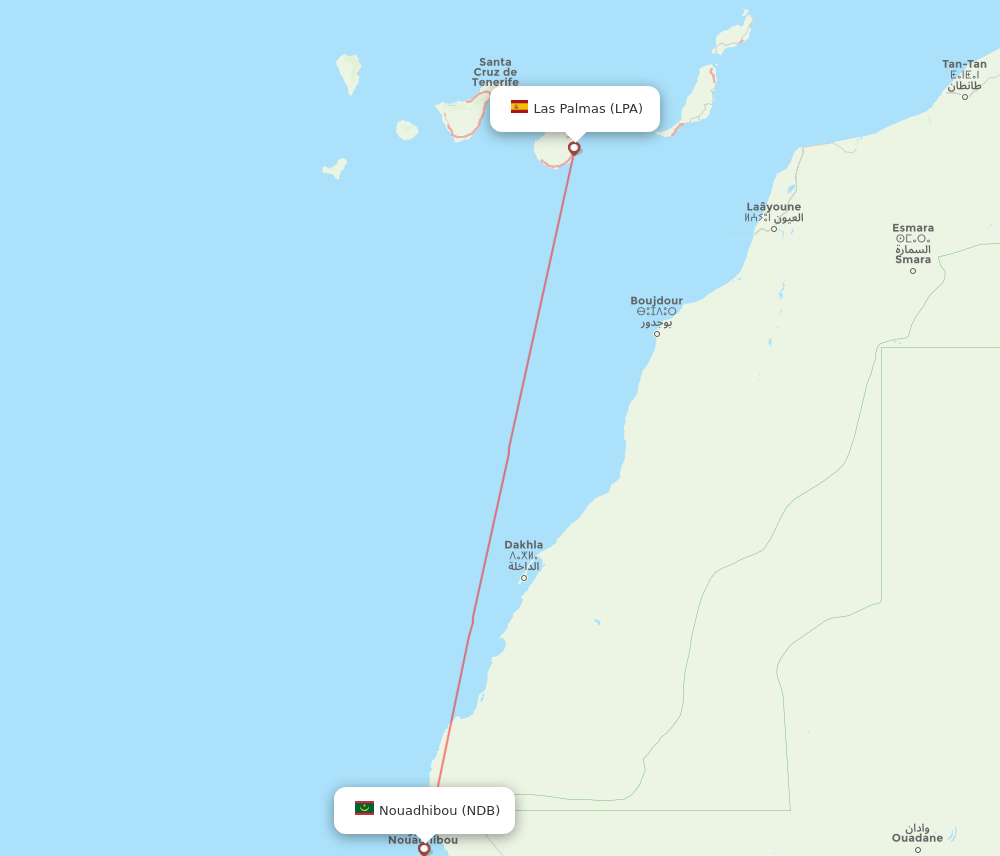 Las Palmas - Nouadhibou route map and flight paths