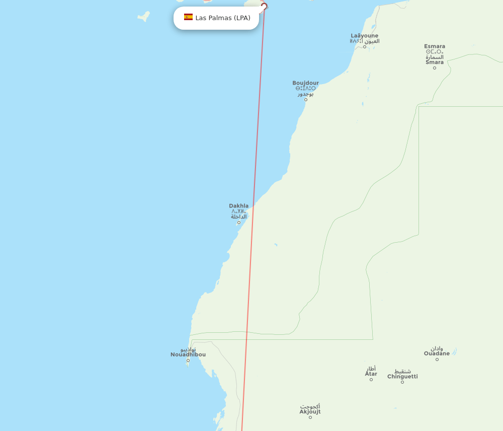 Las Palmas - Nouakchott route map and flight paths