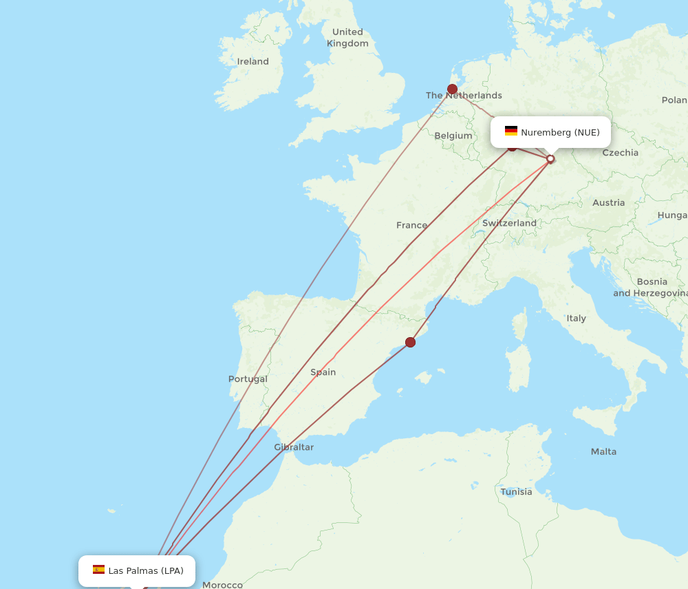 LPA to NUE flights and routes map