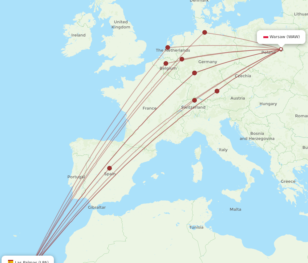 LPA to WAW flights and routes map