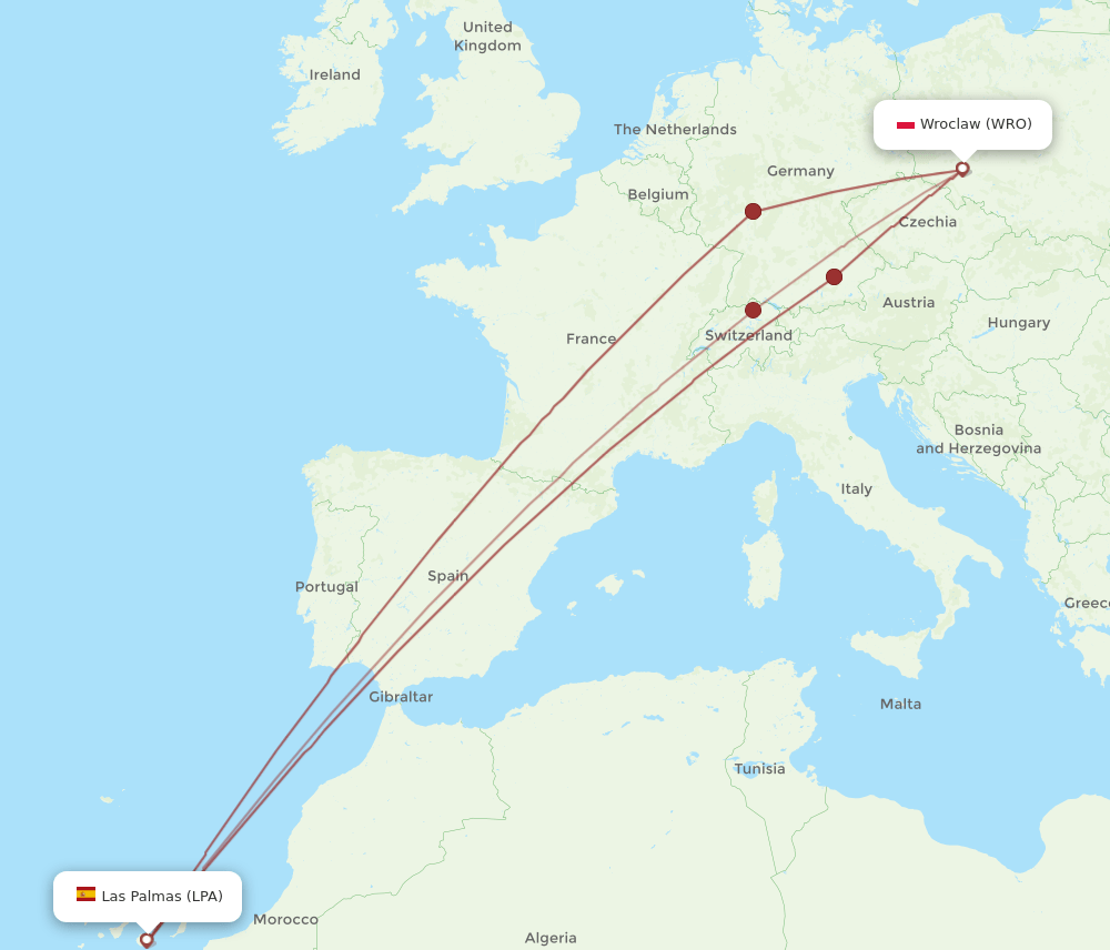 LPA to WRO flights and routes map